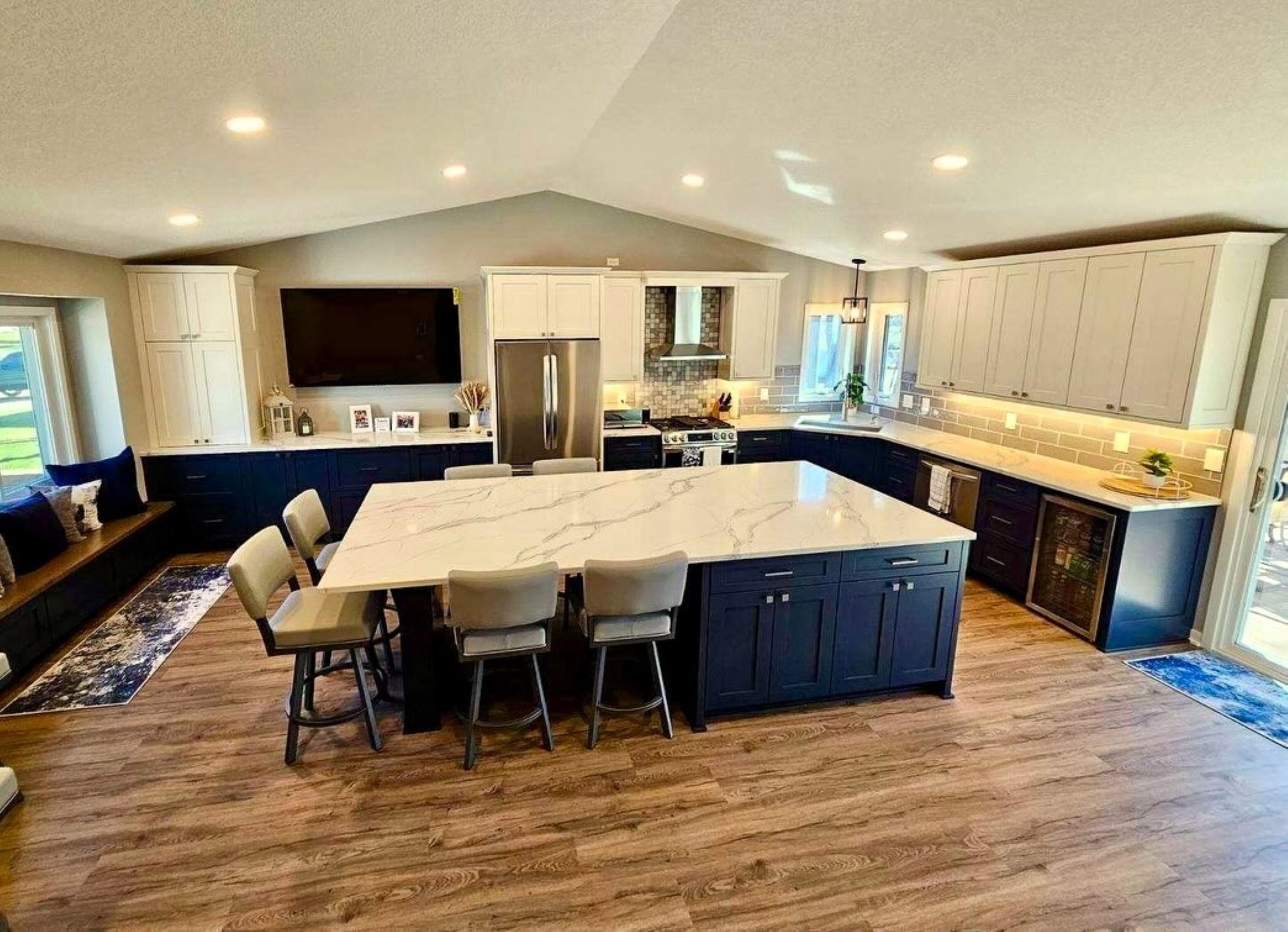 Hale Navy Cabinets with White Countertops - Crosby Fine Cabinetry