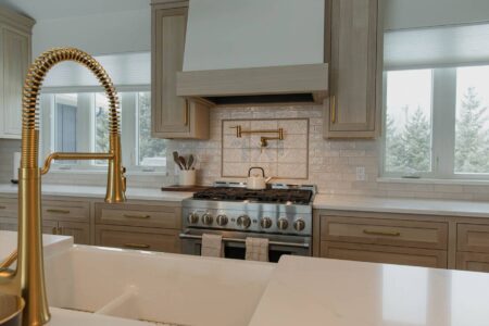white oak inset cabinetry with toned hood in prior lake mn by Crosby Fine Cabinetry Belle Plaine MN