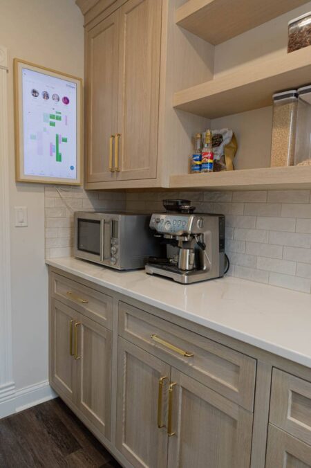 whitewashed oak cabinets with floating shelves by Crosby Fine Cabinetry Belle Plaine MN